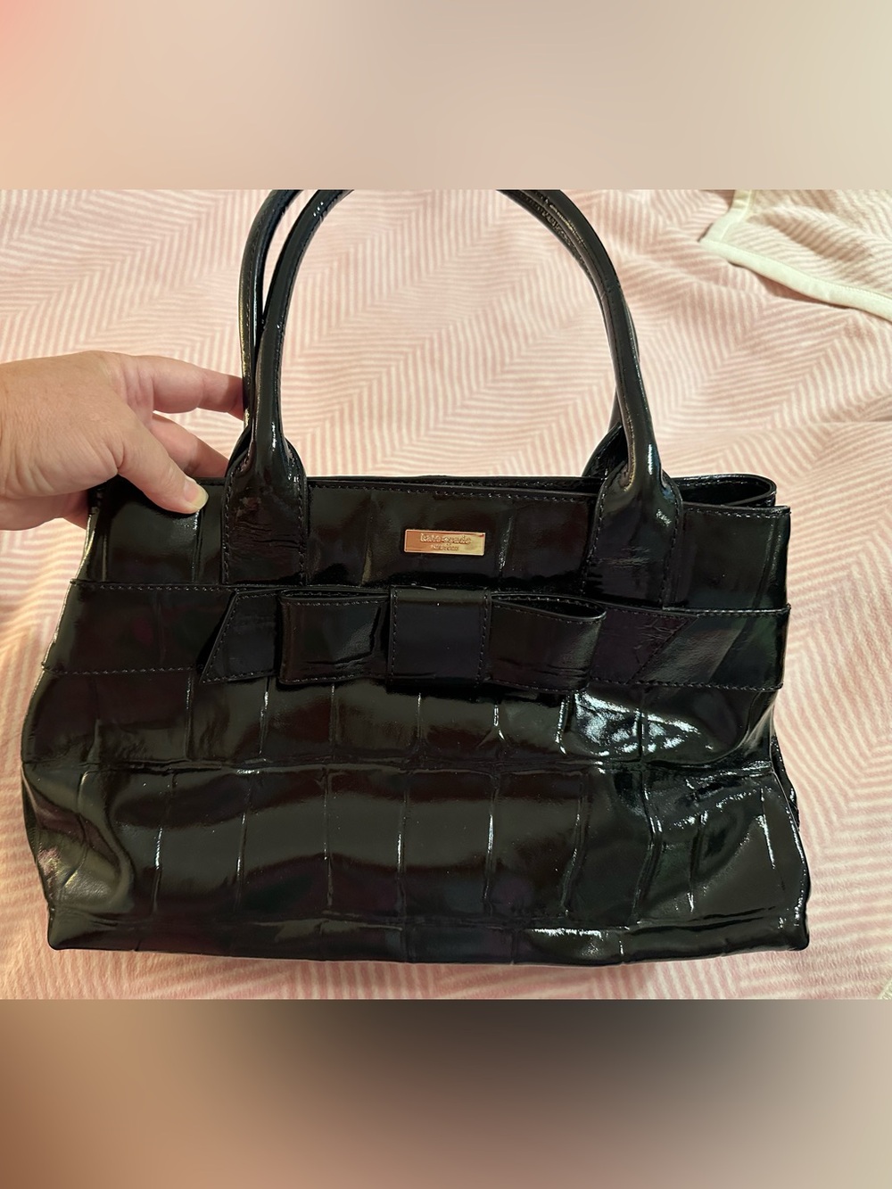 Black Patent Tote with Beige Interior